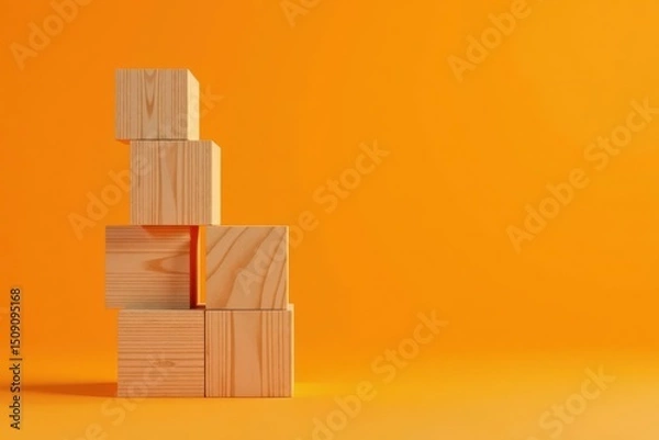 Fototapeta Simple Wooden Blocks Arranged in a Stair-Step Formation Against a Vibrant Orange Background