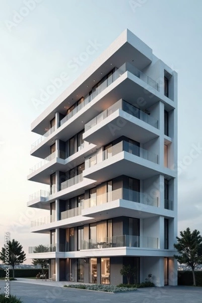 Fototapeta Modern Architectural Design A Sleek Multi-Story Building with Private Balconies and Ground Floor Commercial Space