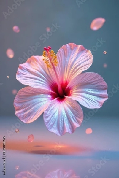 Fototapeta A Delicate Pink Hibiscus Flower in Levitation, Illuminated by Soft Light, with Falling Petals and Water Droplets Creating a Dreamlike Atmosphere