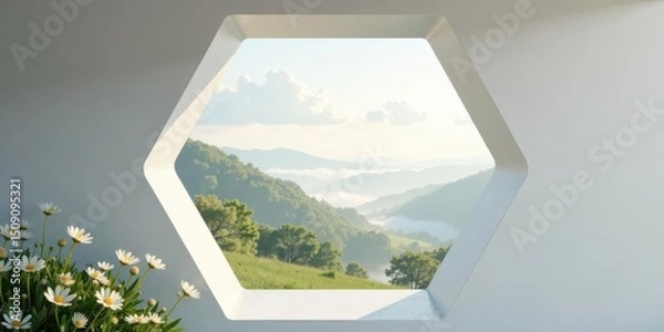 Fototapeta Serene Mountain Vista Through a Modern Hexagonal Window with Daisies