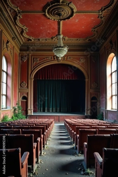Fototapeta An antique theater's auditorium awaits a performance, its rows of plush seats facing a stage draped in rich velvet curtains, a crystal chandelier illuminating the ornate ceiling's decaying grandeur.
