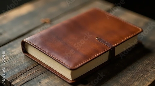 Fototapeta Luxurious Leather-Bound Journal Resting on a Rustic Wooden Surface, Exhibiting Exquisite Craftsmanship and a Timeless Design