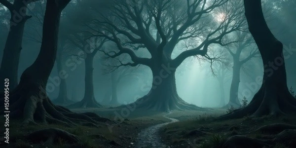 Fototapeta A mysterious path winds through an ancient forest shrouded in ethereal mist, leading towards a majestic, gnarled tree at the heart of the woods