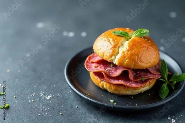 Fototapeta A savory cured meat sandwich on a soft bun, garnished with fresh herbs, served on a dark plate