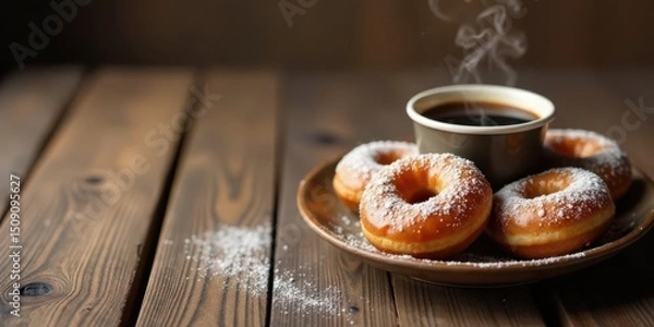 Fototapeta A delightful plate of powdered sugar donuts accompanied by a steaming cup of coffee, resting on a rustic wooden surface