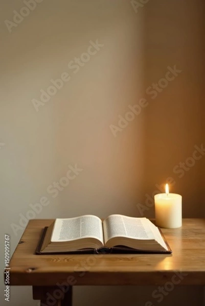 Fototapeta Serene Evening Open Book and Glowing Candle on Wooden Table