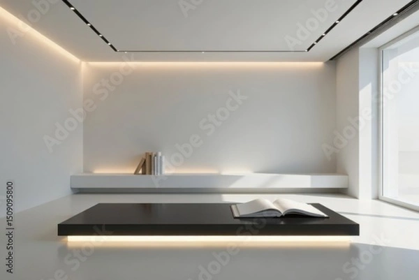 Fototapeta Modern Minimalist Interior Design Open Space with Integrated Lighting and Low Shelf Featuring a Book
