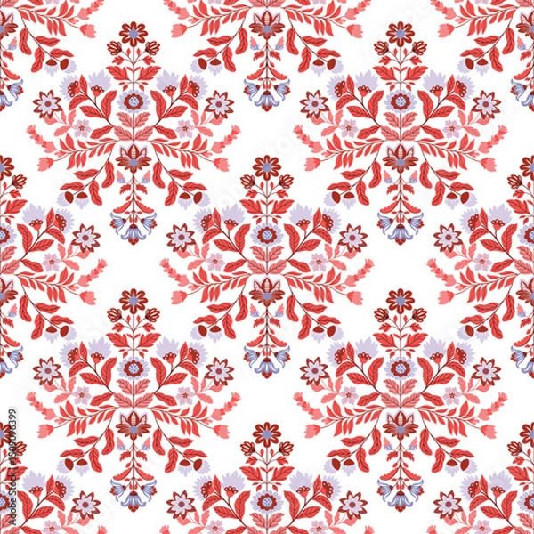 Obraz folk art, floral, flowers, abstract, seamless, pattern, vector, bright, colorful, white background, traditional, ethnic, decorative, vibrant, vivid, fabric, textile, wrapping paper, wallpaper, print, 