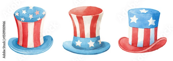 Fototapeta Patriotic watercolor concept with three colorful hats featuring stars and stripes in red and blue