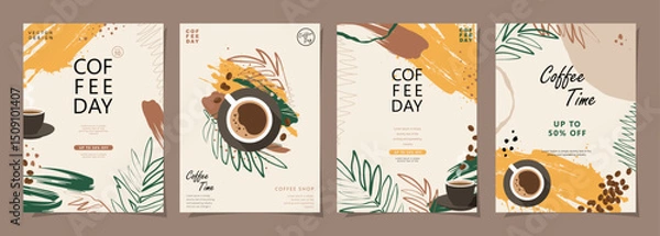 Fototapeta Set of sketch banners with coffee beans and palm leaves on simple background for invitations, cards, banner, poster, cover, coffee shop menu or another template design. Vector illustration.