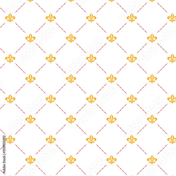 Fototapeta A seamless repeating pattern featuring the classic fleur-de-lis symbol in golden yellow with red dashed diagonal lines forming a diamond grid. Perfect for textiles, wallpapers.