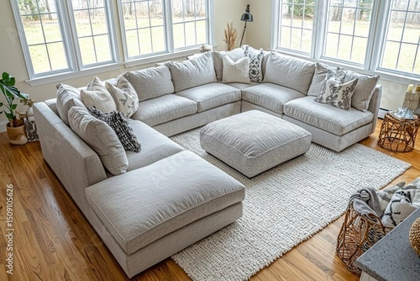 Fototapeta Large light gray fabric couch with ottoman, wood floors, white rug, and natural lighting in a New England living room, wide-angle shot.