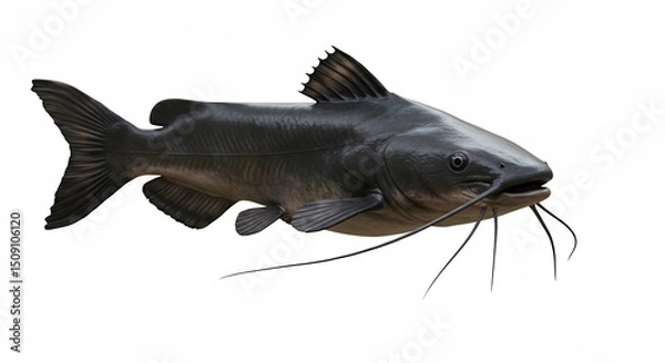 Fototapeta Large Dark Catfish Swims Gracefully Clean White Background. AI Generated