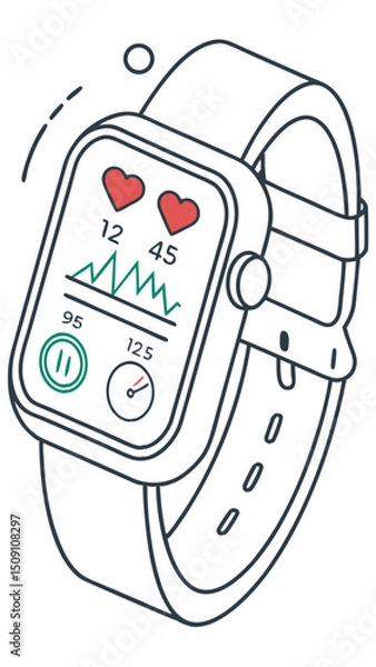 Obraz Vector image smart watch with pedometer and heart rate graph. Style UI-friendly, flat icons, redgreen accents 