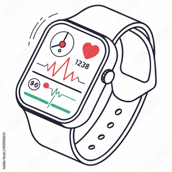 Fototapeta Vector image smart watch with pedometer and heart rate graph. Style UI-friendly, flat icons, redgreen accents 