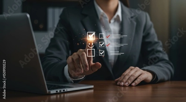 Fototapeta Customer satisfaction interface. Businesswoman interacting with virtual smiley face and checkbox in digital rating system with glowing UI and professional business attire