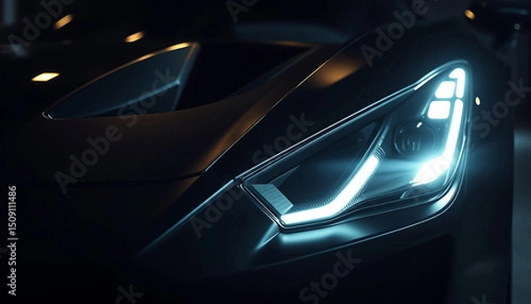 Obraz Elite supercar with led headlights close-up. Aggressive design of the front part of the black car