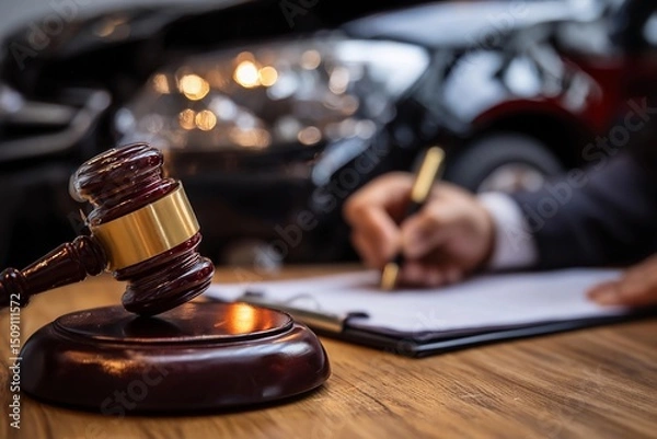 Fototapeta Legal proceedings related to a car accident with a gavel and notes on a desk