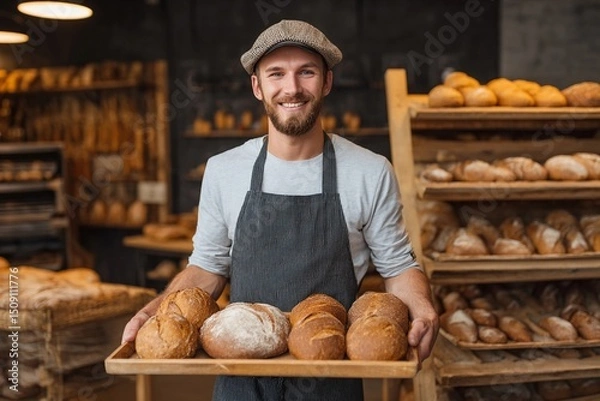 Fototapeta Smiling baker displays fresh bread assortment in bustling bakery on a sunny day