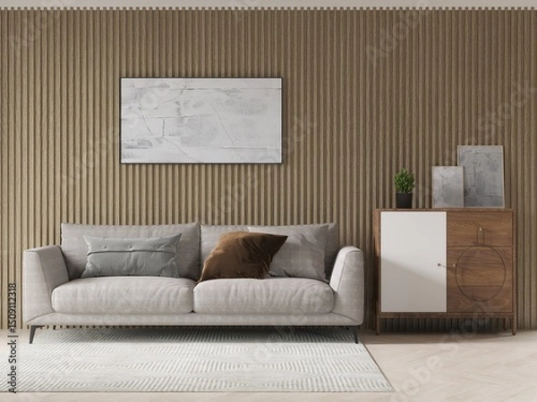 Fototapeta Mock up of a bright spacious living room with an original comfortable sofa and a stylish decorative background, 3D rendering.