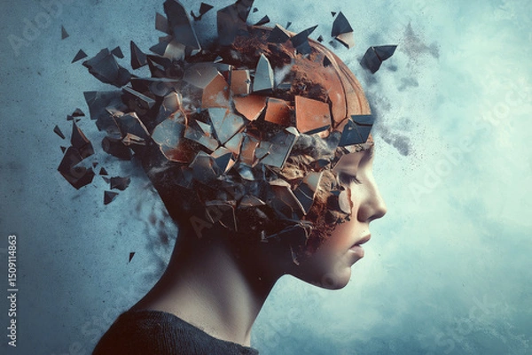 Obraz Artistic image of a person's head shattering into pieces, representing tension headaches and stress overload.