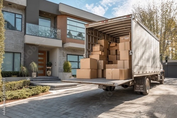 Fototapeta Delivery truck unloading numerous cardboard boxes in front of modern house during daytime