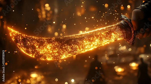 Obraz Glowing fiery curved blade dark background fantasy weapon