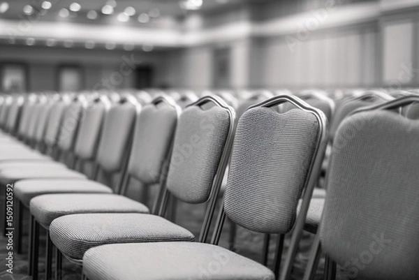 Fototapeta Conference room with rows of empty chairs set for an upcoming event in a business venue