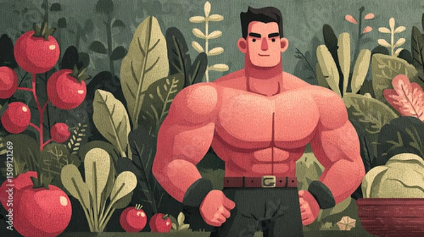 Fototapeta Illustration in an abstract cartoon of male bodybuilder surrounded by vegetables. This image was created using AI generative technology.