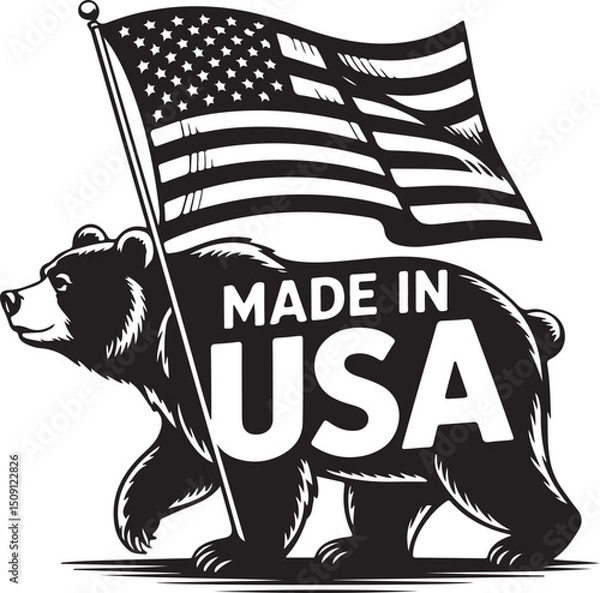 Obraz Made in USA label badge or logo design with bear holding american flag silhouette isolated on light background. Vintage styled vector illustration.