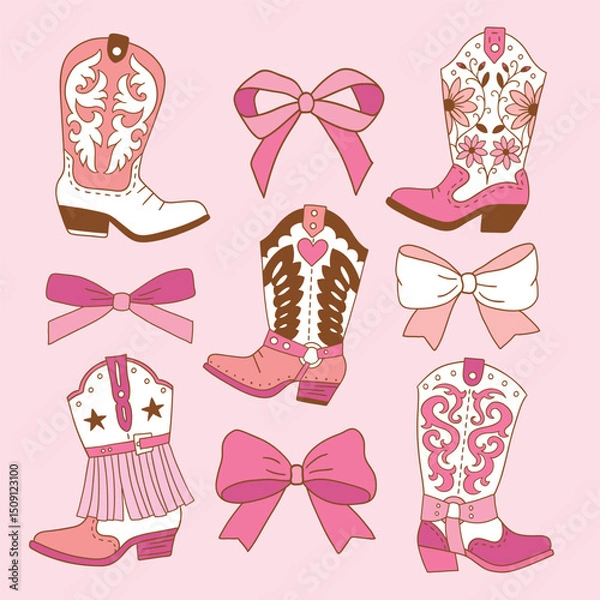 Obraz Set of hand drawn pink vector bows and western boots for clipart sticker or nursery design.