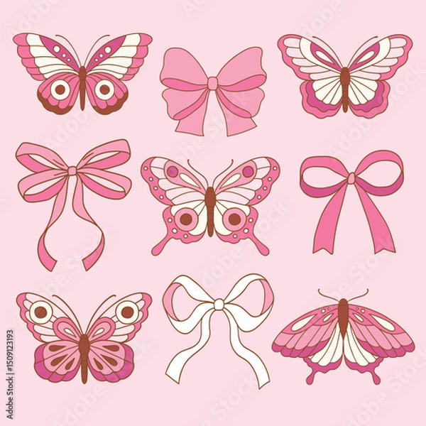Fototapeta Set of hand drawn pink vector bows and butterfly for clipart sticker or nursery design.