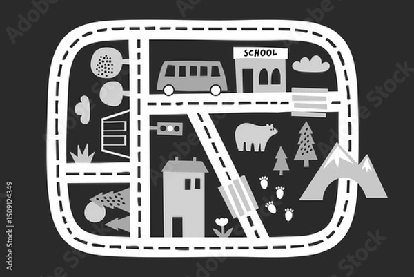 Fototapeta playful road map with school bus, buildings, forest trees, bear, mountains and footprints on dark background in flat children style, concept of early education, toy design, preschool learning