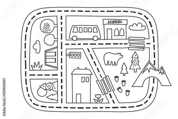 Fototapeta outline school road map with school bus, building, bear, forest trees, mountains, footprints, traffic light and clouds in black line art style on white background, concept of coloring page