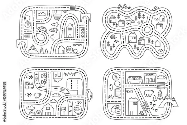 Fototapeta set of four outline road maps with school, farm, mountain and village themes in black line art style on white background, concept of coloring pages, toy maps, preschool education