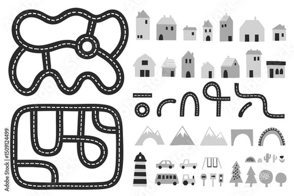 Fototapeta modular toy road map builder with houses, roads, vehicles, mountains, trees and signs in flat black and gray style on white background, concept of kids creative design, educational play