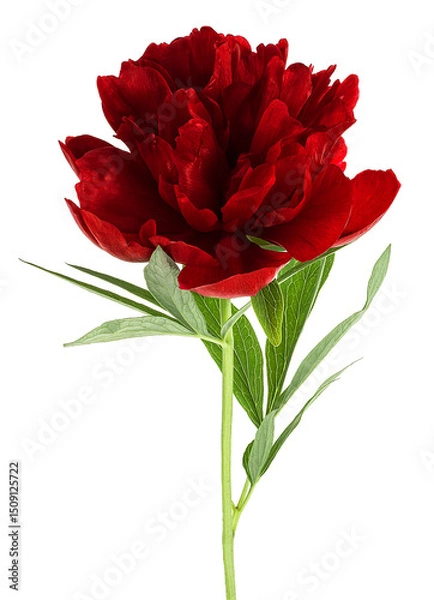Fototapeta Beautiful dark red peony flower with leaves isolated on a white background