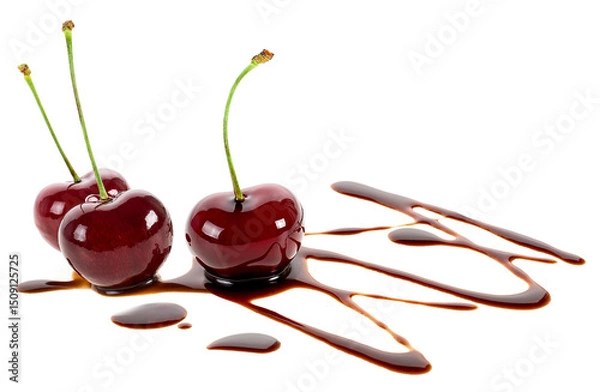 Fototapeta Red ripe cherries in liquid chocolate isolated on a white background. Fondue cherries.