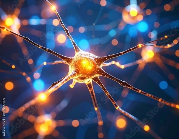 Obraz Microscopic view of a neuron with glowing synapses