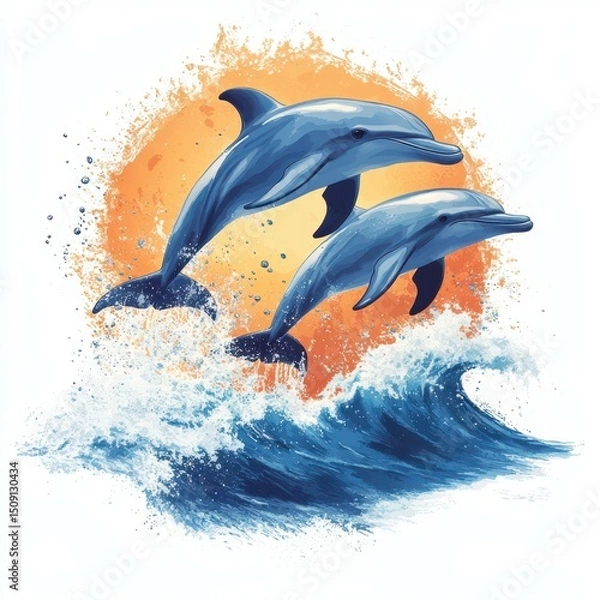 Fototapeta Dolphins leap gracefully above the vibrant waves under a glowing sunset in a lively ocean environment