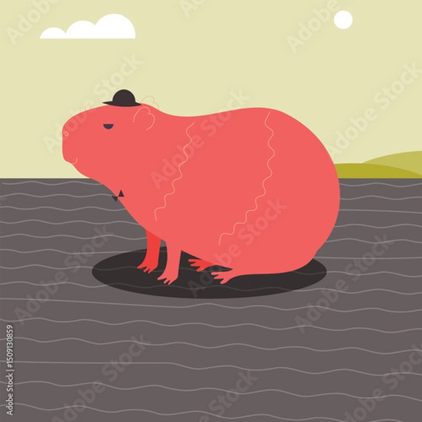 Fototapeta capybara in a hat flat illustration