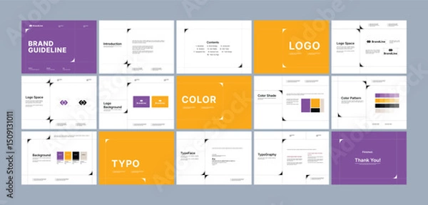 Fototapeta Brand guidelines template, Landscape brand identity presentation, purple orange, modern, and clean design, Logotype guidelines template for creative agency, design studio, brand consultant
