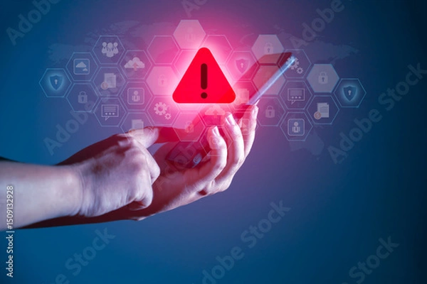 Obraz Hacker control and spying on your mobile phone. Symbol of caution in the use of cell phones.Alert Email inbox and spam virus with warning caution for notification on internet letter security protect
