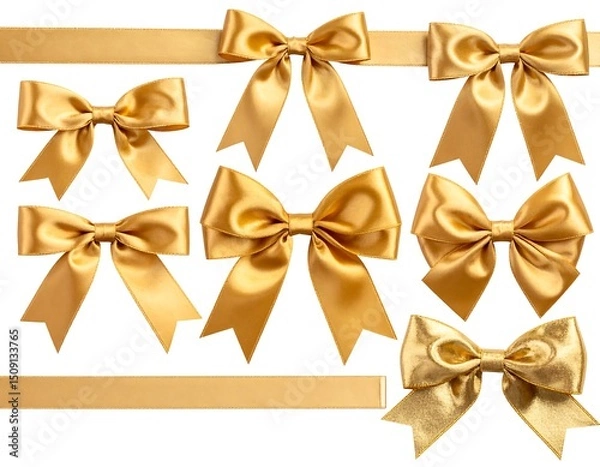 Obraz Collection of golden satin bows, various sizes and shapes, isolated on white