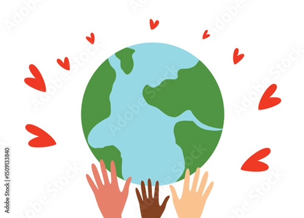 Fototapeta Illustration of multicultural hands lifting the planet surrounded by red hearts, symbolizing global unity, care, and peace.
