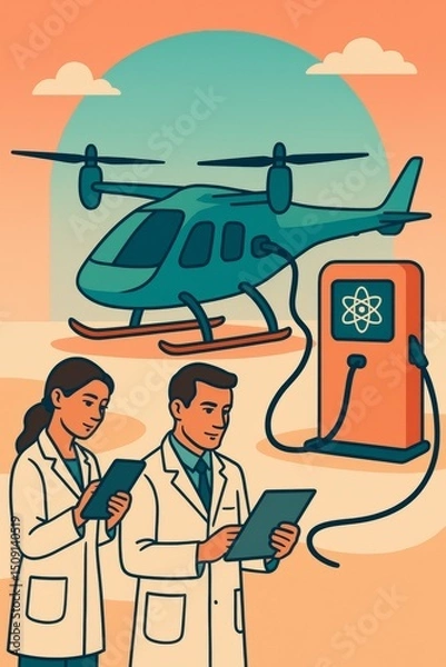 Fototapeta Scientists Charging Helicopter at Atomic Energy Station – Modern Vector Illustration


