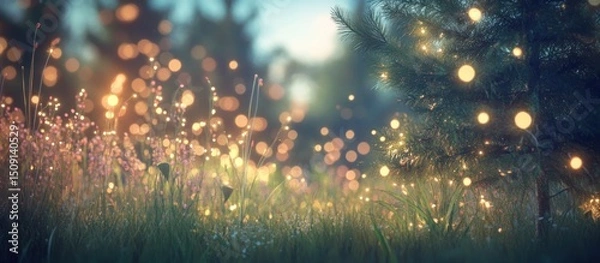 Fototapeta Magical forest, glowing plants, evening lights, dreamy background, fantasy art