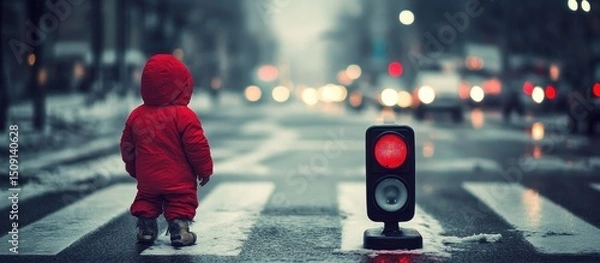 Fototapeta Toddler in red, city street crossing, red light, snowy background, safety