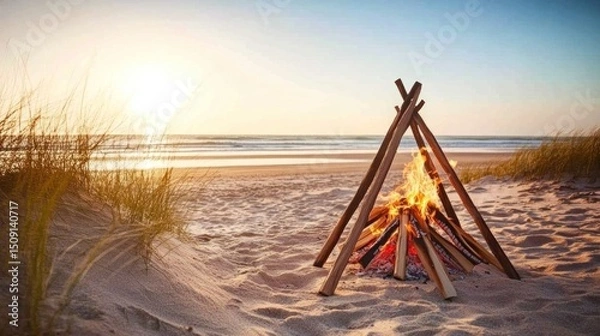 Fototapeta Beach bonfire sunset, ocean background, relaxing evening
