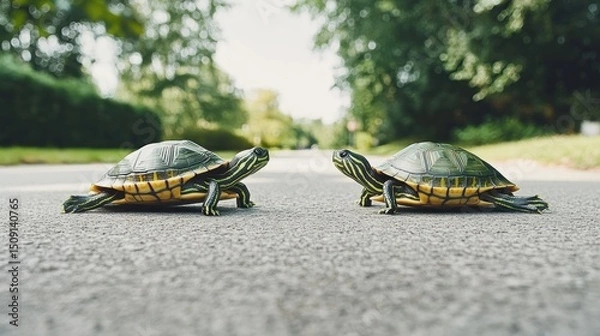 Fototapeta Two turtles face off on a park road, green trees blurred background; nature, wildlife, slow, race, patience
